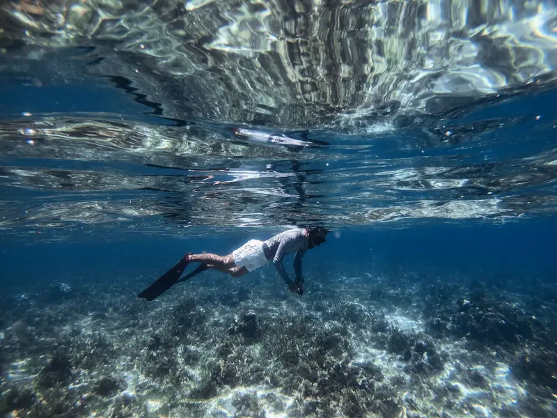 Snorkeler gliding over a coral reef in clear blue water near Hilantagaan Island, Bantayan