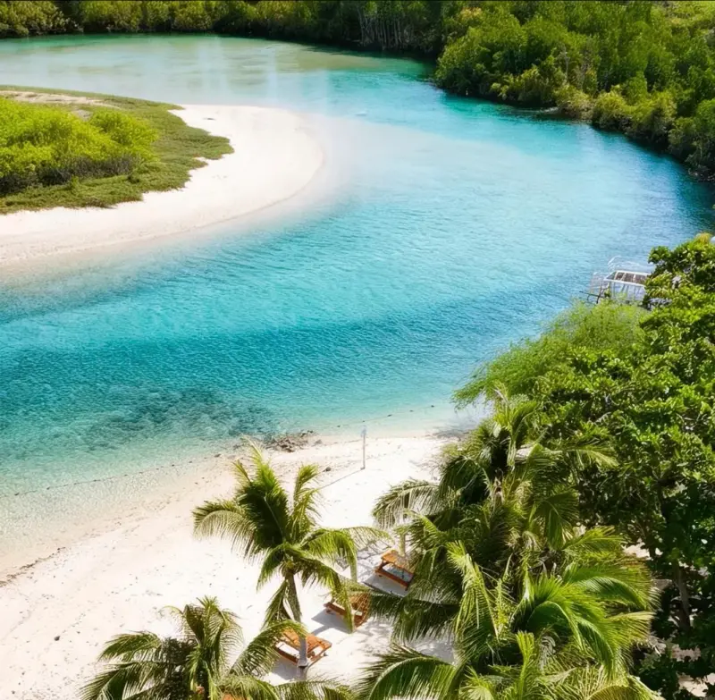 Aerial view of Balidbid Lagoon's turquoise inlet curving past white sand and coconut palms, Bantayan
