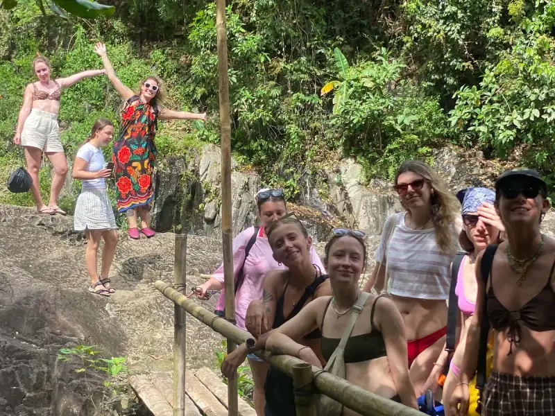 Guests on a bamboo footbridge along a jungle trail on Biliran Island