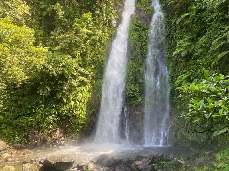 Twin waterfalls dropping through dense rainforest into a rocky pool on Biliran Island