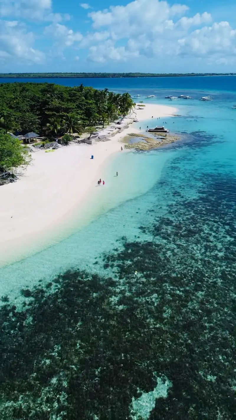 Aerial view of Virgin Island's beach curving past a dark reef in clear water
